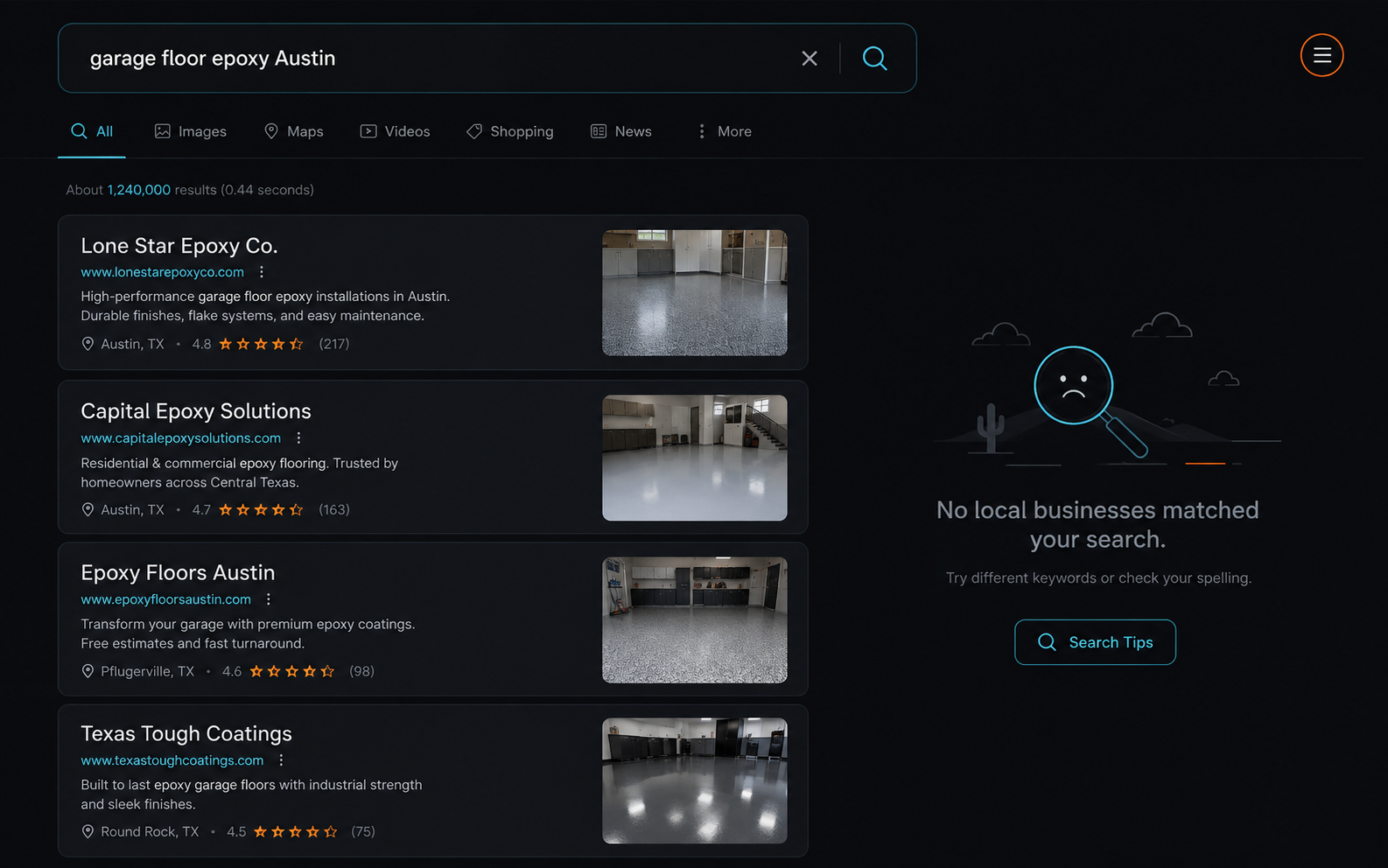 Search results for garage floor epoxy in Austin with Texas Tough Tops absent from the listings